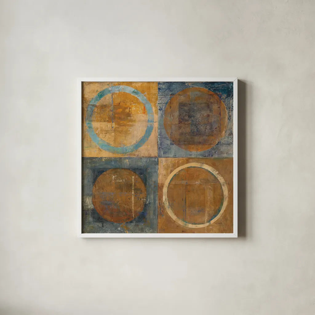 Renew Dark Blue by Mike Schick. Shown in a crisp white glass frame for a clean and minimalist style. Available as an archival giclee rolled canvas, fine art paper, or poster print. SKU 34271a.