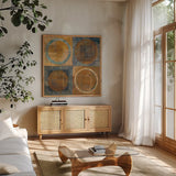 Renew Dark Blue by Mike Schick. Shown in a natural wood frame in a cozy modern living room. Available as an archival giclee rolled canvas, fine art paper, or poster print. SKU 34271a.