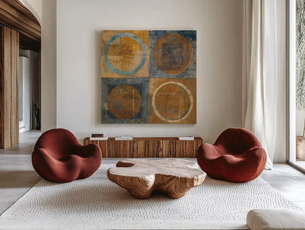 Renew Dark Blue by Mike Schick. Shown as extra-large giant wall art in a modern living room. Available as an archival giclee rolled canvas, fine art paper, or poster print. SKU 34271a.