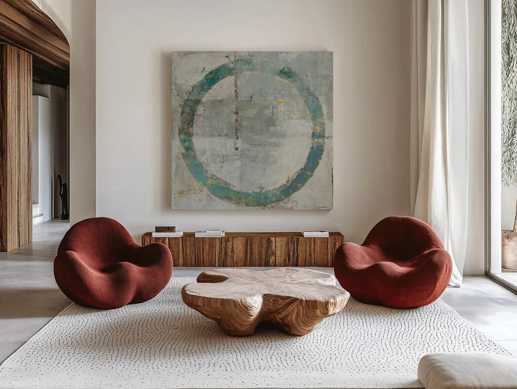 Renew Square I by Mike Schick. Shown as extra-large giant wall art in a modern living room. Available as an archival giclee rolled canvas, fine art paper, or poster print. SKU 13014a.