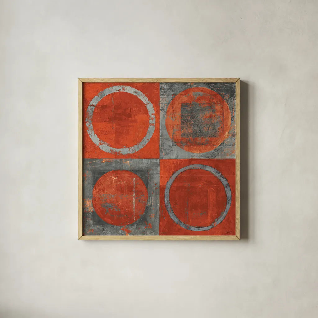 Renew Tangerine Tango by Mike Schick. Shown in a natural wood glass frame for a timeless modern aesthetic. Available as an archival giclee rolled canvas, fine art paper, or poster print. SKU 10250a.