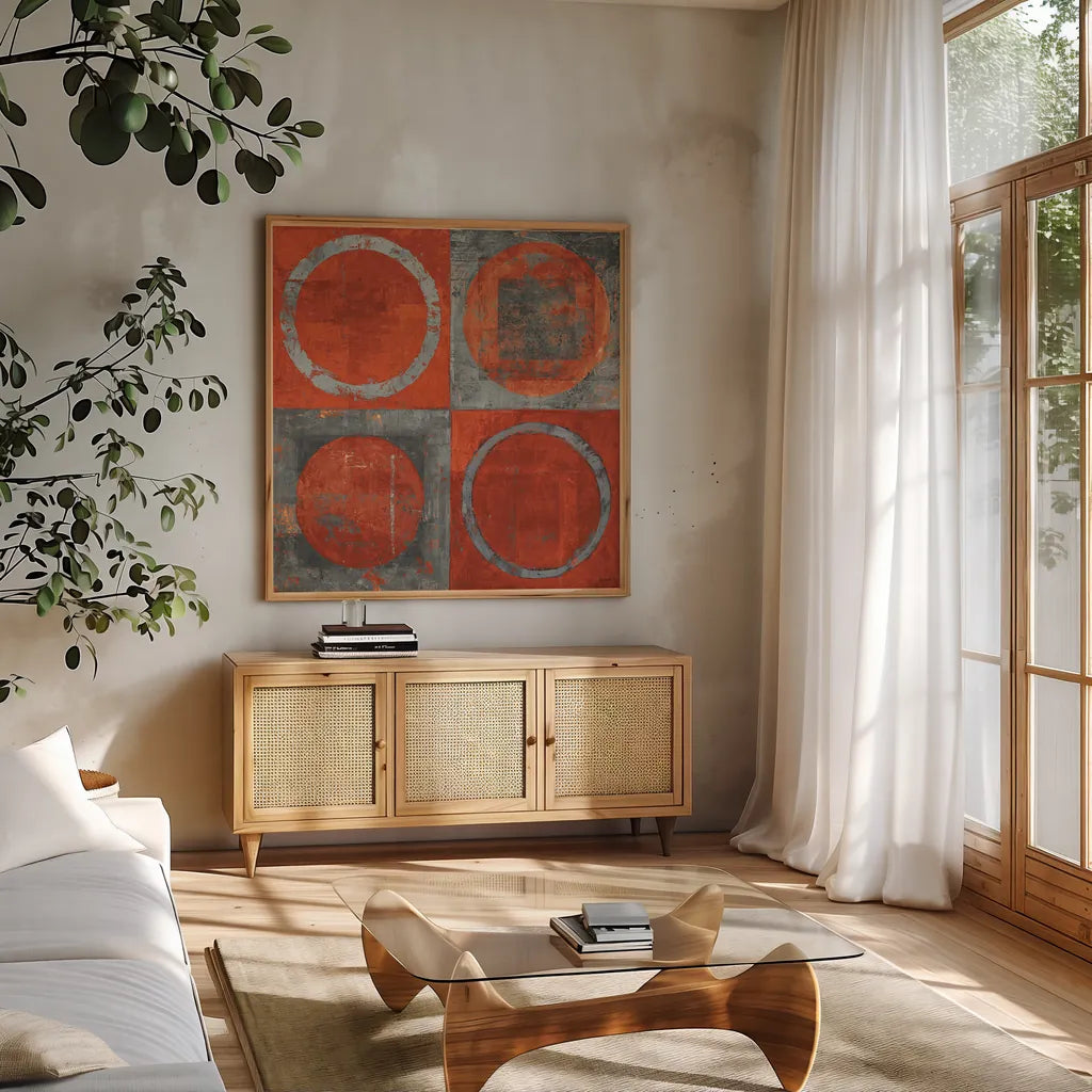 Renew Tangerine Tango by Mike Schick. Shown in a natural wood frame in a cozy modern living room. Available as an archival giclee rolled canvas, fine art paper, or poster print. SKU 10250a.