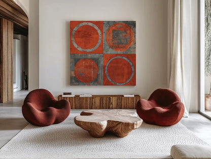 Renew Tangerine Tango by Mike Schick. Shown as extra-large giant wall art in a modern living room. Available as an archival giclee rolled canvas, fine art paper, or poster print. SKU 10250a.