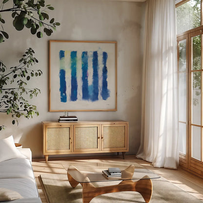 Rhythm and Hue by Mike Schick. Shown in a natural wood frame in a cozy modern living room. Available as an archival giclee rolled canvas, fine art paper, or poster print. SKU 25003a.