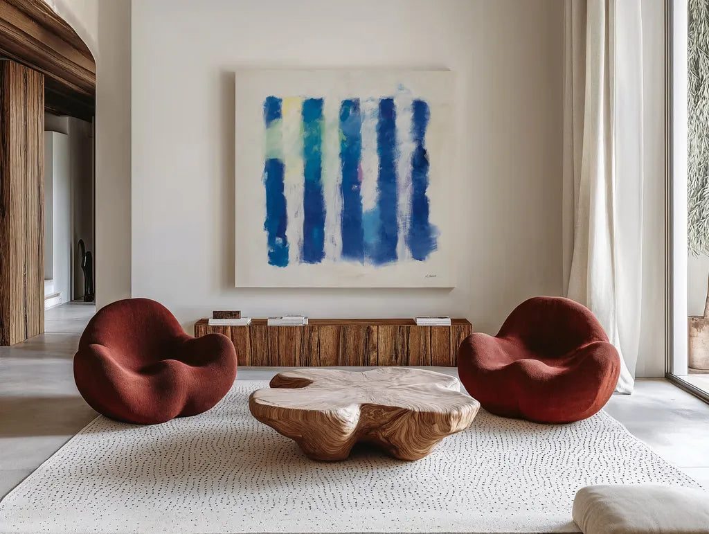 Rhythm and Hue by Mike Schick. Shown as extra-large giant wall art in a modern living room. Available as an archival giclee rolled canvas, fine art paper, or poster print. SKU 25003a.
