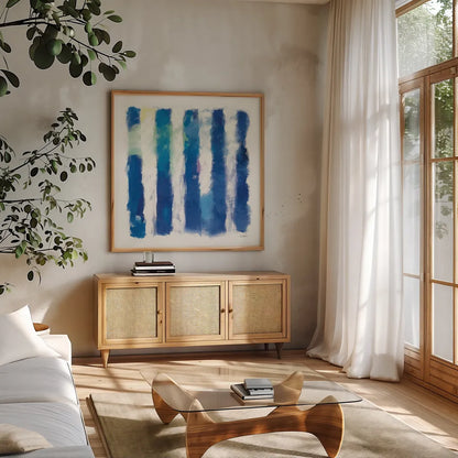 Rhythm and Hue on White by Mike Schick. Shown in a natural wood frame in a cozy modern living room. Available as an archival giclee rolled canvas, fine art paper, or poster print. SKU 25933a.