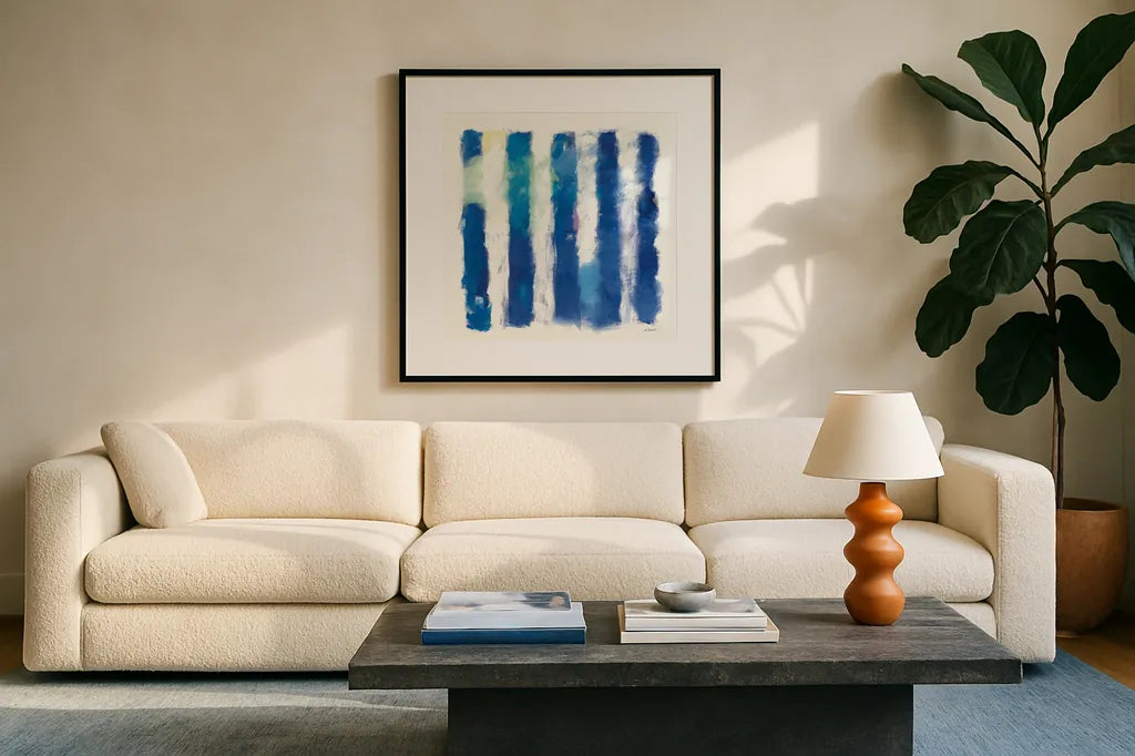 Rhythm and Hue on White by Mike Schick. Displayed in a glass frame with matte in a clean modern living room. Available as an archival giclee rolled canvas, fine art paper, or poster print. SKU 25933a.