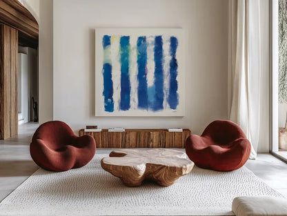 Rhythm and Hue on White by Mike Schick. Shown as extra-large giant wall art in a modern living room. Available as an archival giclee rolled canvas, fine art paper, or poster print. SKU 25933a.