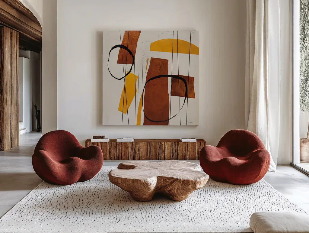 Ringleader by Mike Schick. Shown as extra-large giant wall art in a modern living room. Available as an archival giclee rolled canvas, fine art paper, or poster print. SKU 91329a.