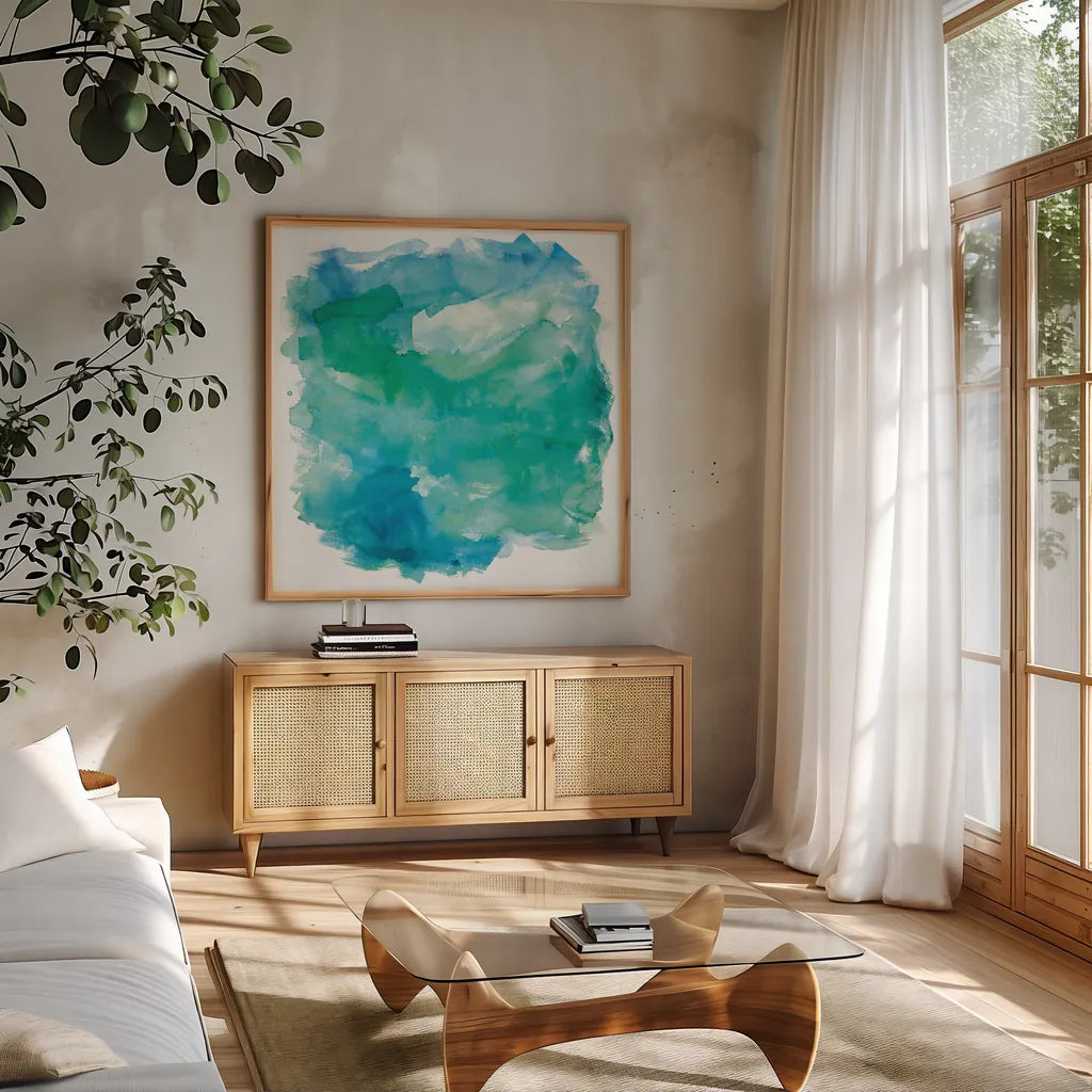 Sea Glass by Mike Schick. Shown in a natural wood frame in a cozy modern living room. Available as an archival giclee rolled canvas, fine art paper, or poster print. SKU 18240a.