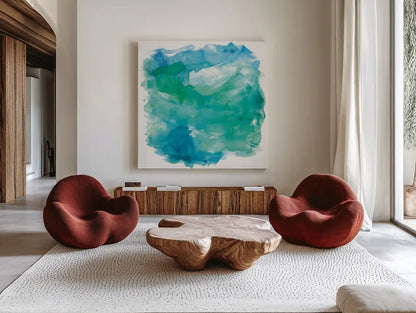 Sea Glass by Mike Schick. Shown as extra-large giant wall art in a modern living room. Available as an archival giclee rolled canvas, fine art paper, or poster print. SKU 18240a.