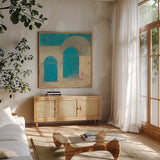 Sibari by Mike Schick. Shown in a natural wood frame in a cozy modern living room. Available as an archival giclee rolled canvas, fine art paper, or poster print. SKU 22605a.