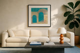 Sibari by Mike Schick. Displayed in a glass frame with matte in a clean modern living room. Available as an archival giclee rolled canvas, fine art paper, or poster print. SKU 22605a.