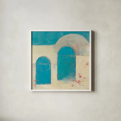 Sibari Neutral by Mike Schick. Shown in a crisp white glass frame for a clean and minimalist style. Available as an archival giclee rolled canvas, fine art paper, or poster print. SKU 34226a.