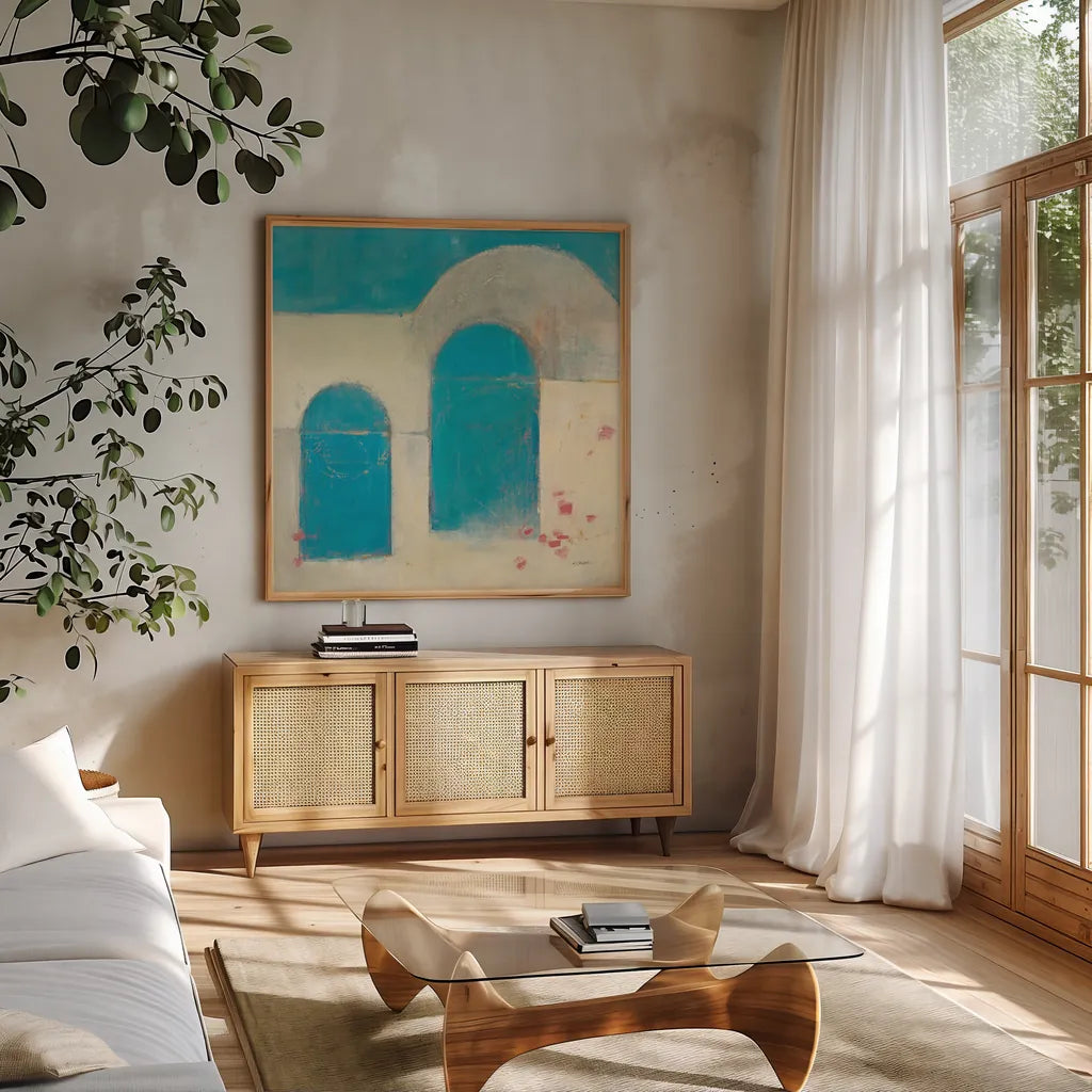 Sibari Neutral by Mike Schick. Shown in a natural wood frame in a cozy modern living room. Available as an archival giclee rolled canvas, fine art paper, or poster print. SKU 34226a.