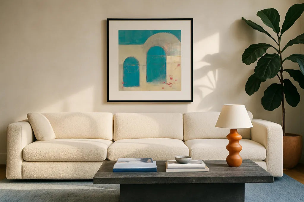 Sibari Neutral by Mike Schick. Displayed in a glass frame with matte in a clean modern living room. Available as an archival giclee rolled canvas, fine art paper, or poster print. SKU 34226a.