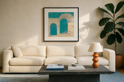 Sibari Neutral by Mike Schick. Displayed in a glass frame with matte in a clean modern living room. Available as an archival giclee rolled canvas, fine art paper, or poster print. SKU 34226a.