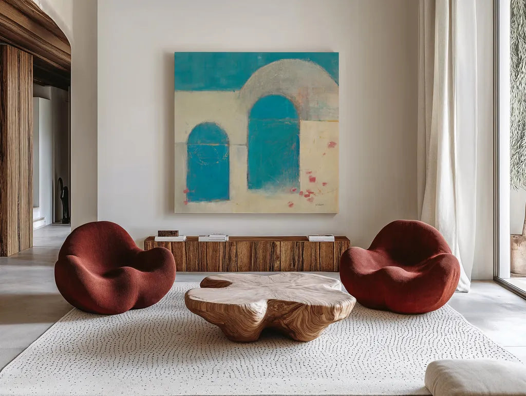 Sibari Neutral by Mike Schick. Shown as extra-large giant wall art in a modern living room. Available as an archival giclee rolled canvas, fine art paper, or poster print. SKU 34226a.