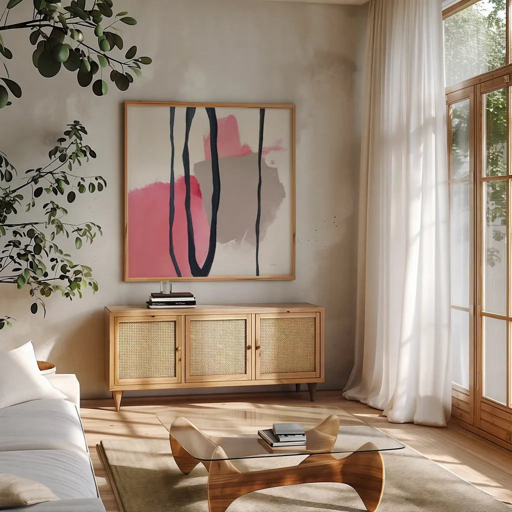 Somersault I by Mike Schick. Shown in a natural wood frame in a cozy modern living room. Available as an archival giclee rolled canvas, fine art paper, or poster print. SKU 34643a.