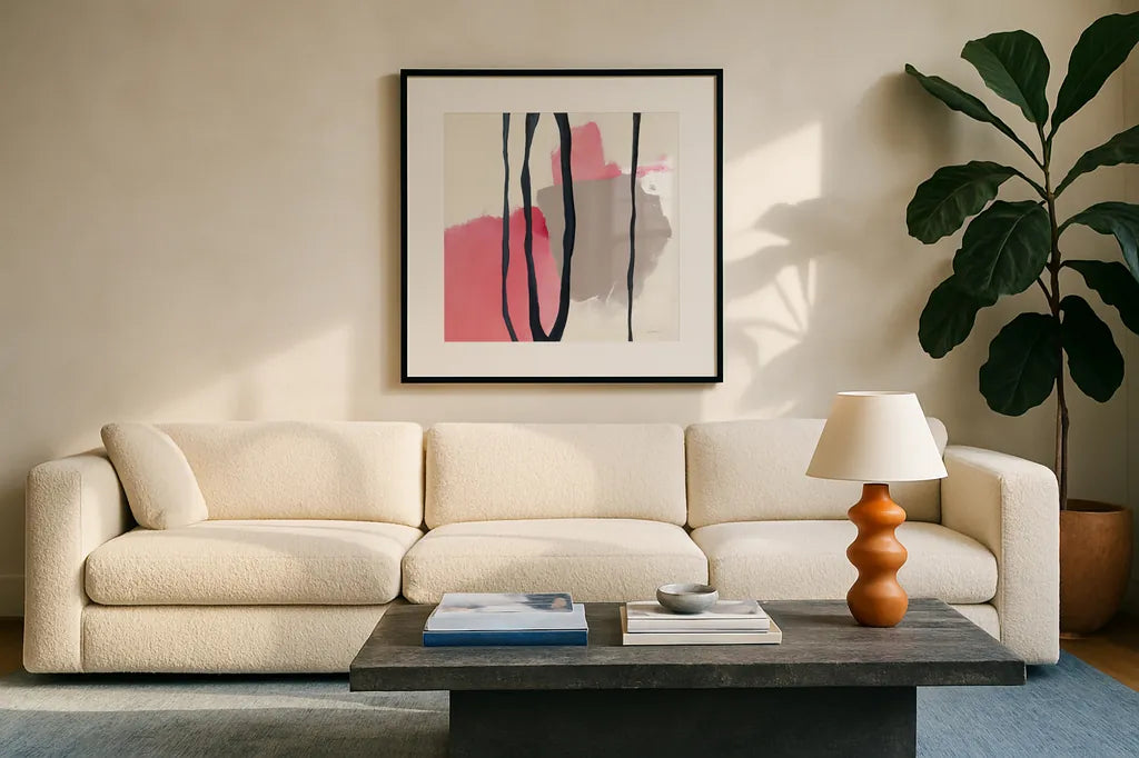 Somersault I by Mike Schick. Displayed in a glass frame with matte in a clean modern living room. Available as an archival giclee rolled canvas, fine art paper, or poster print. SKU 34643a.