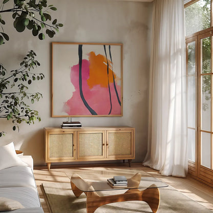 Somersault II by Mike Schick. Shown in a natural wood frame in a cozy modern living room. Available as an archival giclee rolled canvas, fine art paper, or poster print. SKU 34644a.