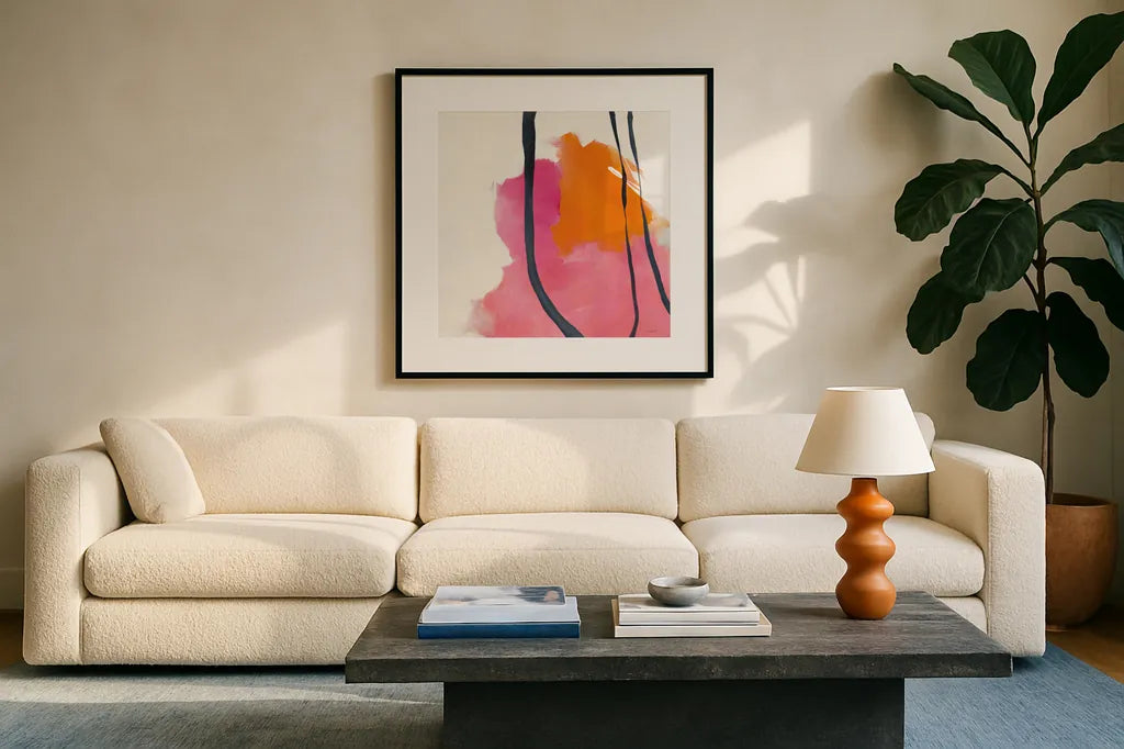 Somersault II by Mike Schick. Displayed in a glass frame with matte in a clean modern living room. Available as an archival giclee rolled canvas, fine art paper, or poster print. SKU 34644a.