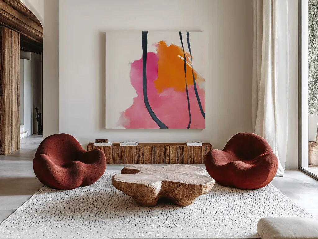 Somersault II by Mike Schick. Shown as extra-large giant wall art in a modern living room. Available as an archival giclee rolled canvas, fine art paper, or poster print. SKU 34644a.