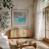 Spring Chase by Mike Schick. Shown in a natural wood frame in a cozy modern living room. Available as an archival giclee rolled canvas, fine art paper, or poster print. SKU 31845a.