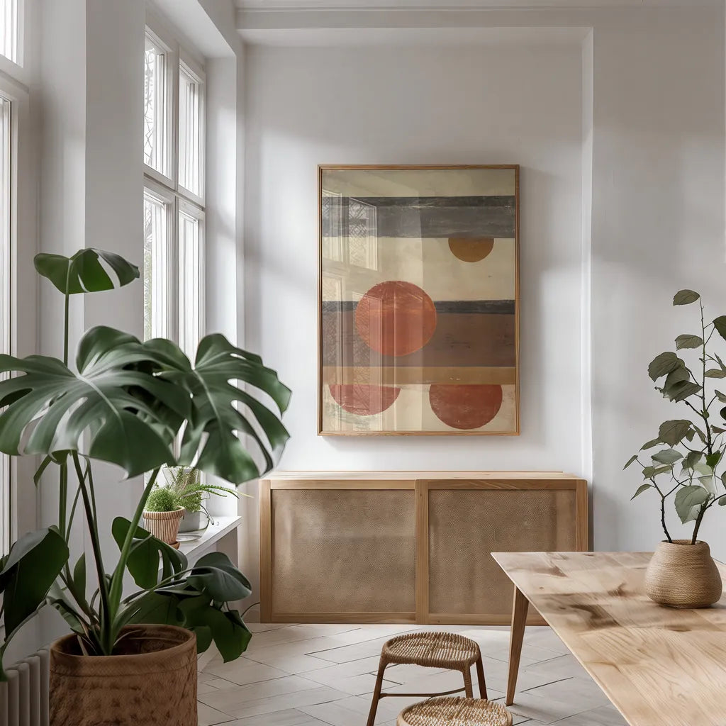 Stripes and Circles by Mike Schick. shown as a print in a natural wood frame in a dining room. Available as a archival giclee rolled canvas, fine art paper, or poster print. SKU 34187h.