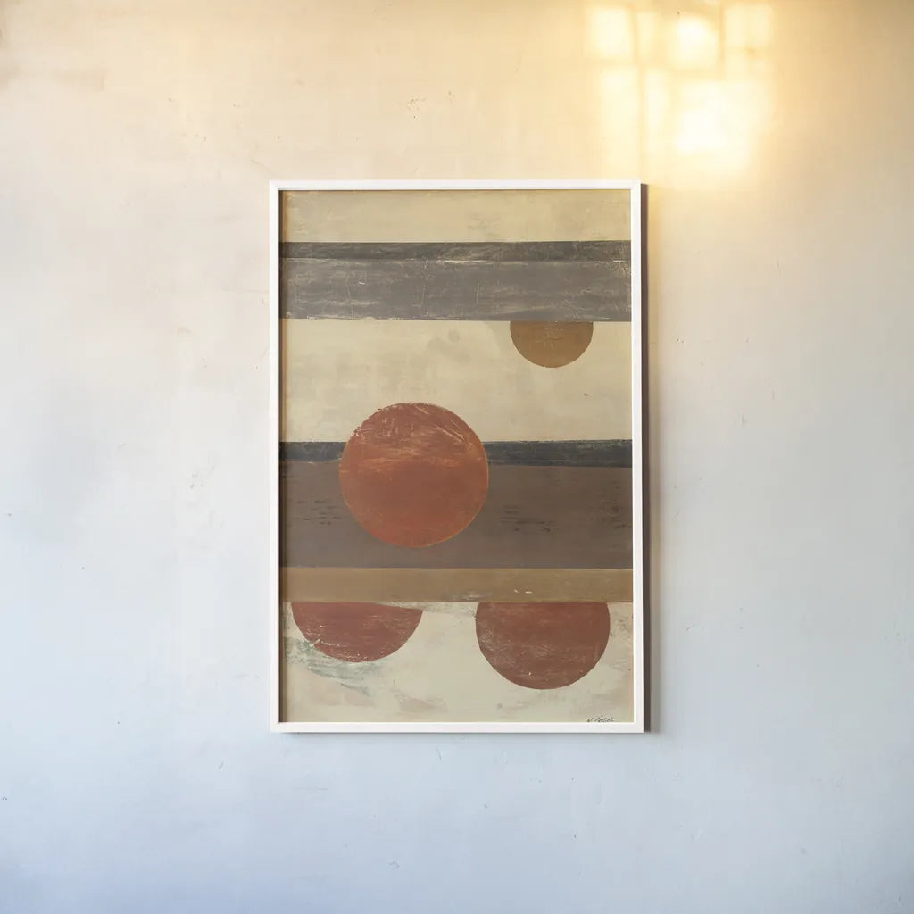 Stripes and Circles by Mike Schick. shown as a paper print in a white frame. Available as a archival giclee rolled canvas, fine art paper, or poster print. SKU 34187h.