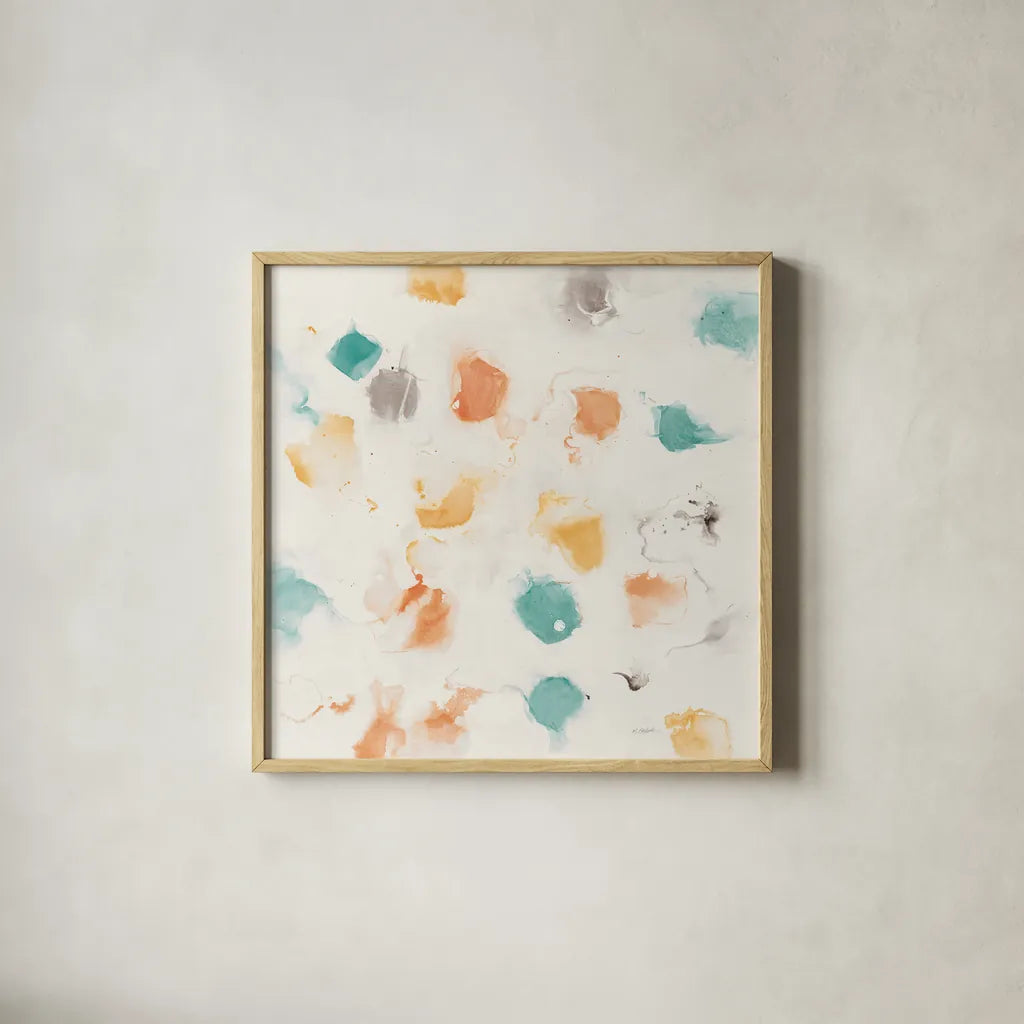 Sunflower Nougat I by Mike Schick. Shown in a natural wood glass frame for a timeless modern aesthetic. Available as an archival giclee rolled canvas, fine art paper, or poster print. SKU 50120a.