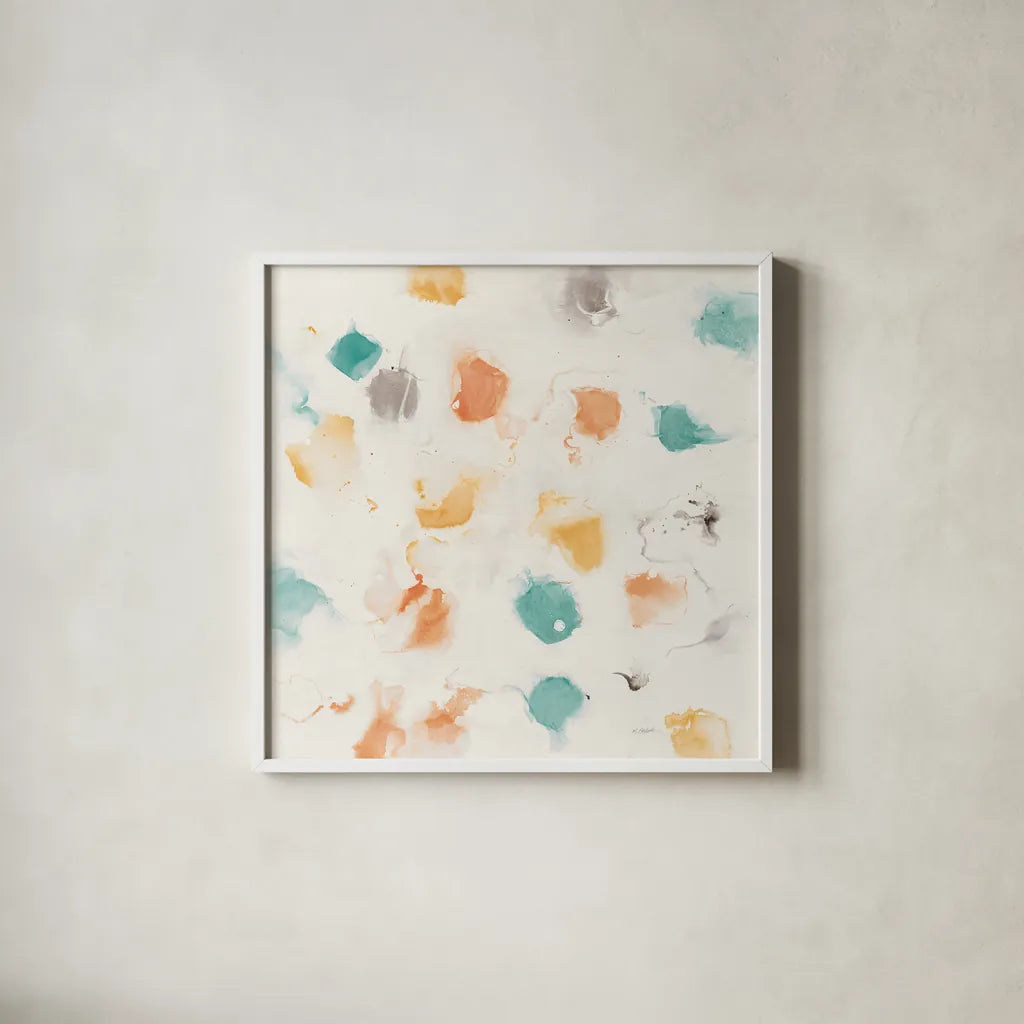 Sunflower Nougat I by Mike Schick. Shown in a crisp white glass frame for a clean and minimalist style. Available as an archival giclee rolled canvas, fine art paper, or poster print. SKU 50120a.