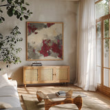 Syrah Gray Matter II Square by Mike Schick. Shown in a natural wood frame in a cozy modern living room. Available as an archival giclee rolled canvas, fine art paper, or poster print. SKU 34219a.