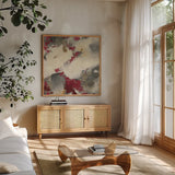 Syrah Gray Matter III Square by Mike Schick. Shown in a natural wood frame in a cozy modern living room. Available as an archival giclee rolled canvas, fine art paper, or poster print. SKU 34220a.