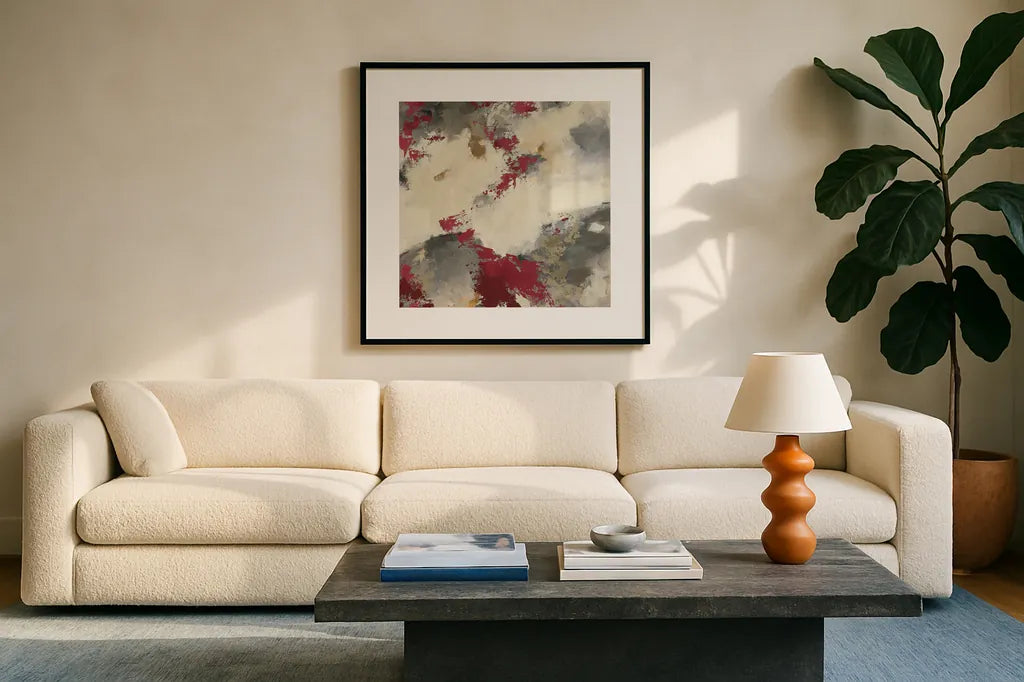 Syrah Gray Matter III Square by Mike Schick. Displayed in a glass frame with matte in a clean modern living room. Available as an archival giclee rolled canvas, fine art paper, or poster print. SKU 34220a.