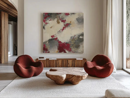 Syrah Gray Matter III Square by Mike Schick. Shown as extra-large giant wall art in a modern living room. Available as an archival giclee rolled canvas, fine art paper, or poster print. SKU 34220a.