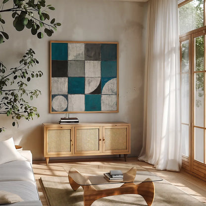 Tango Detal I BW by Mike Schick. Shown in a natural wood frame in a cozy modern living room. Available as an archival giclee rolled canvas, fine art paper, or poster print. SKU 33270a.