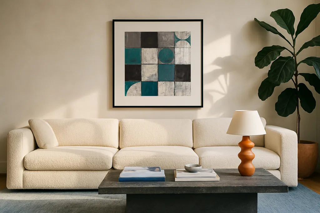 Tango Detal II BW by Mike Schick. Displayed in a glass frame with matte in a clean modern living room. Available as an archival giclee rolled canvas, fine art paper, or poster print. SKU 33271a.