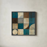 Tango Square I Blue Brown by Mike Schick. Shown in a sleek black glass frame for a contemporary gallery look. Available as an archival giclee rolled canvas, fine art paper, or poster print. SKU 8402a.