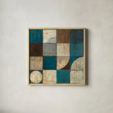 Tango Square I Blue Brown by Mike Schick. Shown in a natural wood glass frame for a timeless modern aesthetic. Available as an archival giclee rolled canvas, fine art paper, or poster print. SKU 8402a.