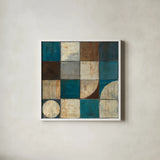Tango Square I Blue Brown by Mike Schick. Shown in a crisp white glass frame for a clean and minimalist style. Available as an archival giclee rolled canvas, fine art paper, or poster print. SKU 8402a.