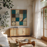 Tango Square I Blue Brown by Mike Schick. Shown in a natural wood frame in a cozy modern living room. Available as an archival giclee rolled canvas, fine art paper, or poster print. SKU 8402a.