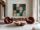 Tango Square I Blue Brown by Mike Schick. Shown as extra-large giant wall art in a modern living room. Available as an archival giclee rolled canvas, fine art paper, or poster print. SKU 8402a.