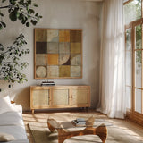 Tango Square I Neutral by Mike Schick. Shown in a natural wood frame in a cozy modern living room. Available as an archival giclee rolled canvas, fine art paper, or poster print. SKU 10400a.