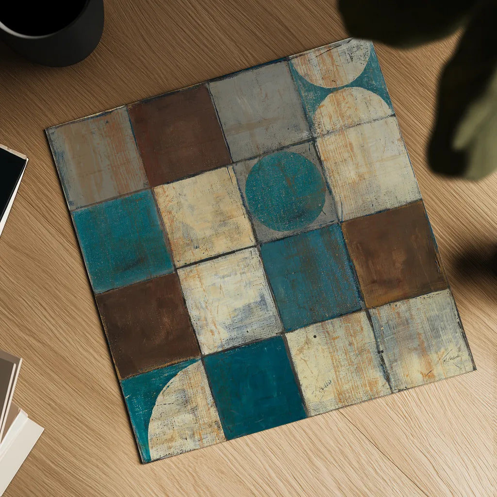 Tango Square II Blue Brown by Mike Schick. Shown as a detailed flat fine art print, highlighting archival giclee quality. Available as an archival giclee rolled canvas, fine art paper, or poster print. SKU 8403a.