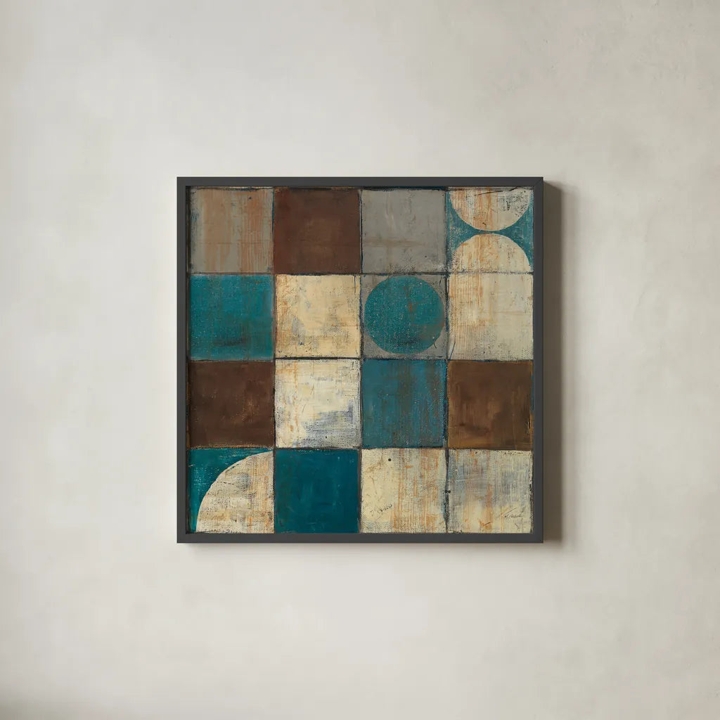 Tango Square II Blue Brown by Mike Schick. Shown in a sleek black glass frame for a contemporary gallery look. Available as an archival giclee rolled canvas, fine art paper, or poster print. SKU 8403a.