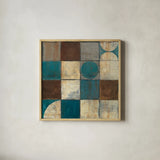 Tango Square II Blue Brown by Mike Schick. Shown in a natural wood glass frame for a timeless modern aesthetic. Available as an archival giclee rolled canvas, fine art paper, or poster print. SKU 8403a.