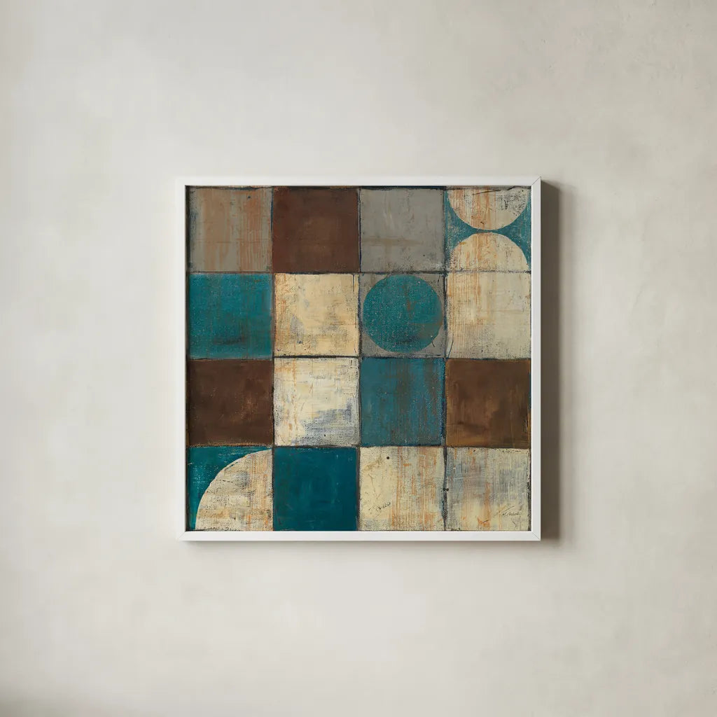 Tango Square II Blue Brown by Mike Schick. Shown in a crisp white glass frame for a clean and minimalist style. Available as an archival giclee rolled canvas, fine art paper, or poster print. SKU 8403a.
