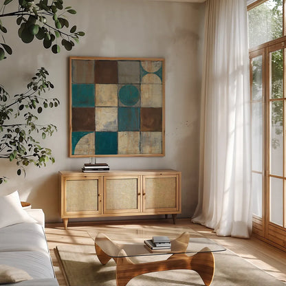Tango Square II Blue Brown by Mike Schick. Shown in a natural wood frame in a cozy modern living room. Available as an archival giclee rolled canvas, fine art paper, or poster print. SKU 8403a.