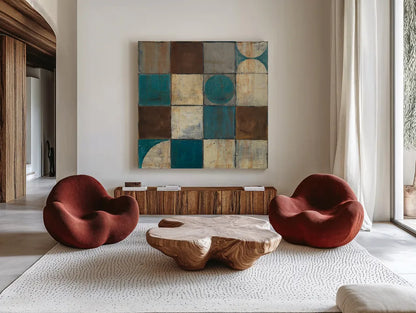 Tango Square II Blue Brown by Mike Schick. Shown as extra-large giant wall art in a modern living room. Available as an archival giclee rolled canvas, fine art paper, or poster print. SKU 8403a.